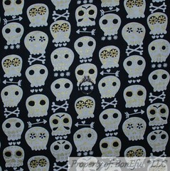 BonEful FABRIC FQ Cotton Quilt Black White B&W Skull Head Skeleton Flower Mexico