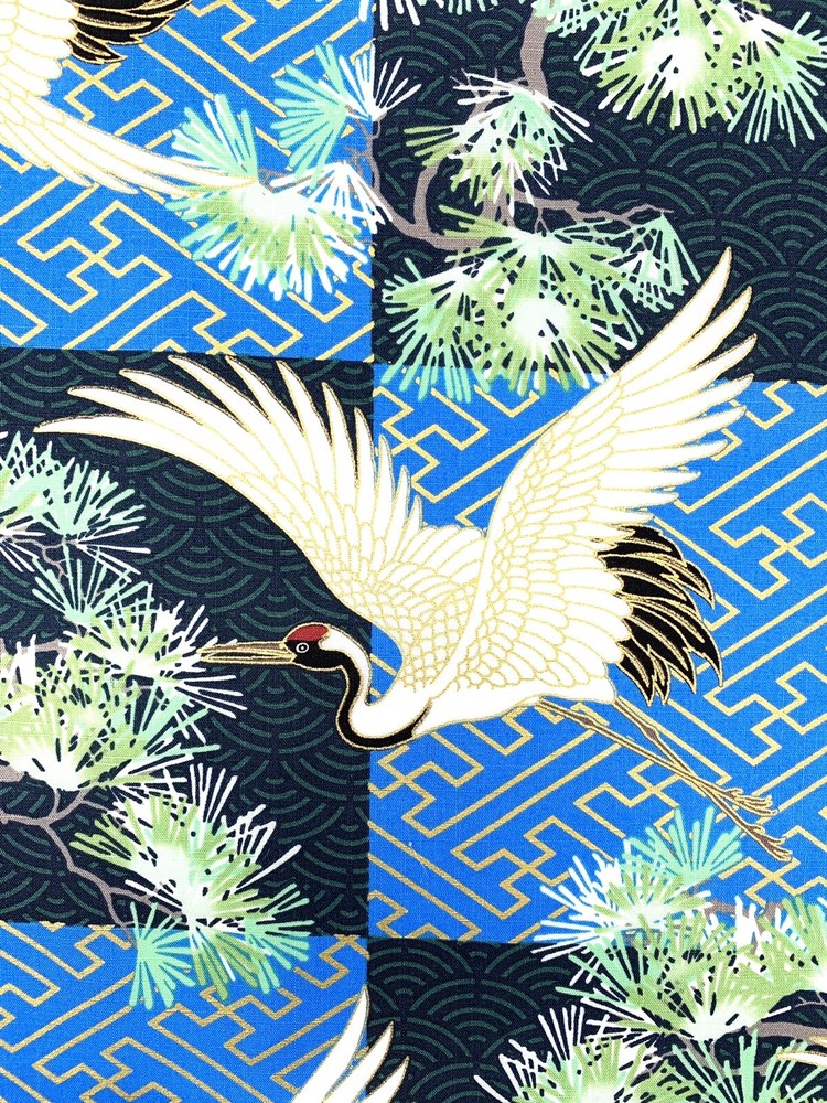 Japanese fabric cranes birds art deco black blue gold heron stork asian chinese