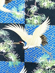 Japanese fabric cranes birds art deco black blue gold heron stork asian chinese