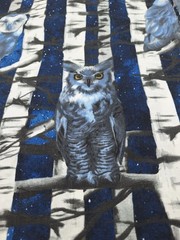 1 7/8 yds Blue and White Owl in birch trees design light Upholstery fabric