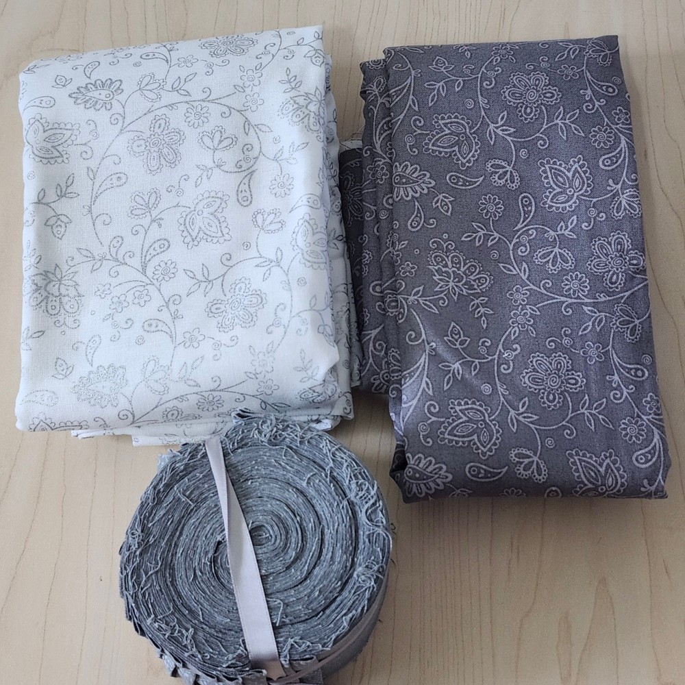 Gray Floral Paisley Cotton Fabric Lot 2.5 Yards & 20 Count Jelly Roll Strips