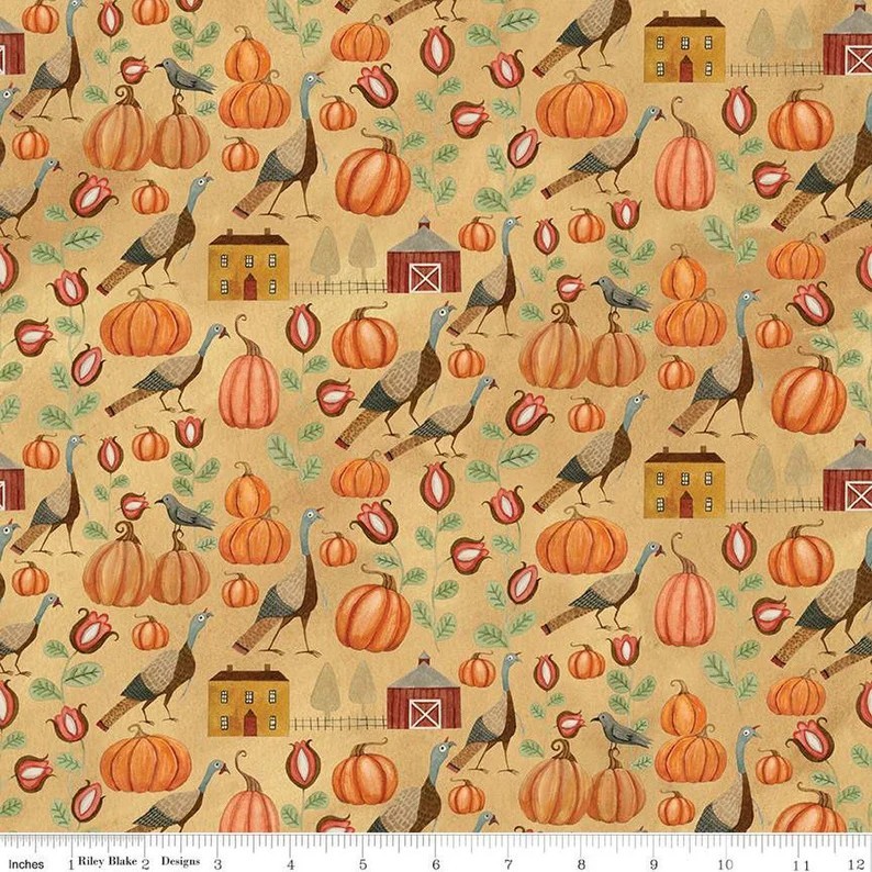 Riley Blake Bittersweet Farm by the 1/2 yard Fabric Country Turkey Gold Pumpkins