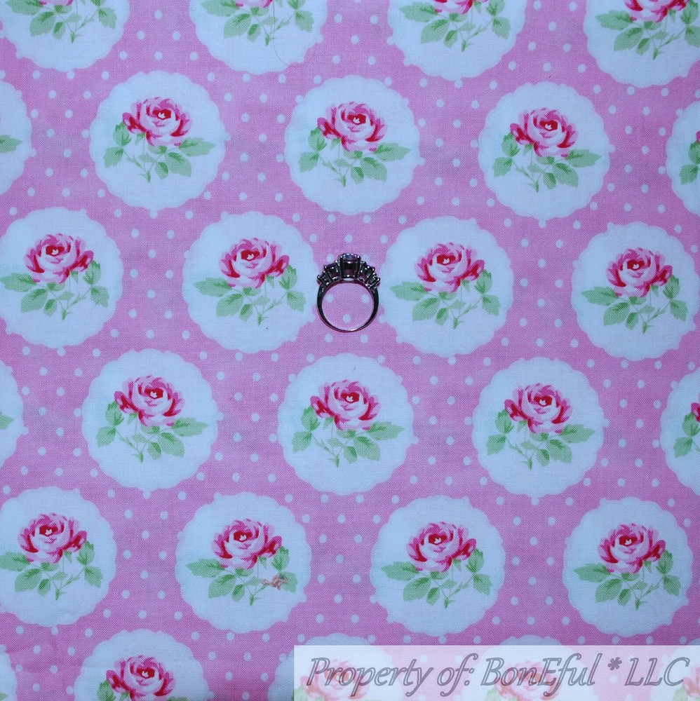 BonEful Fabric FQ Cotton Quilt Pink White Rose*bud Flower Polka Dot Lace Antique