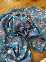 Blue Colorful Floral Print Fabric ~2.5yd Crafts Sewing DIY Art Material Fashion