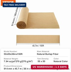 VEVOR Burlap Fabric Roll, 36″ x 150 ft, High Density Wide Natural Burlap Fabric
