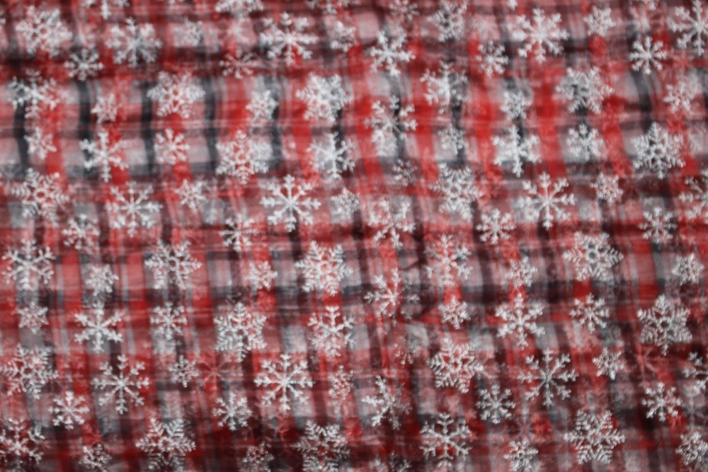 Snowflake Plaid Sheer Fabric 6+ Yards X 54 In Wide Red Sparkle Glitter Overlay