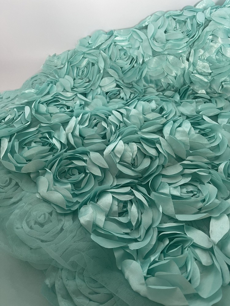 Aqua 3D Rosette Embroidery Satin Rose Flowers Floral Mesh Fabric by the yard