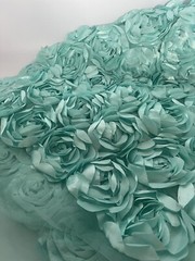 Aqua 3D Rosette Embroidery Satin Rose Flowers Floral Mesh Fabric by the yard