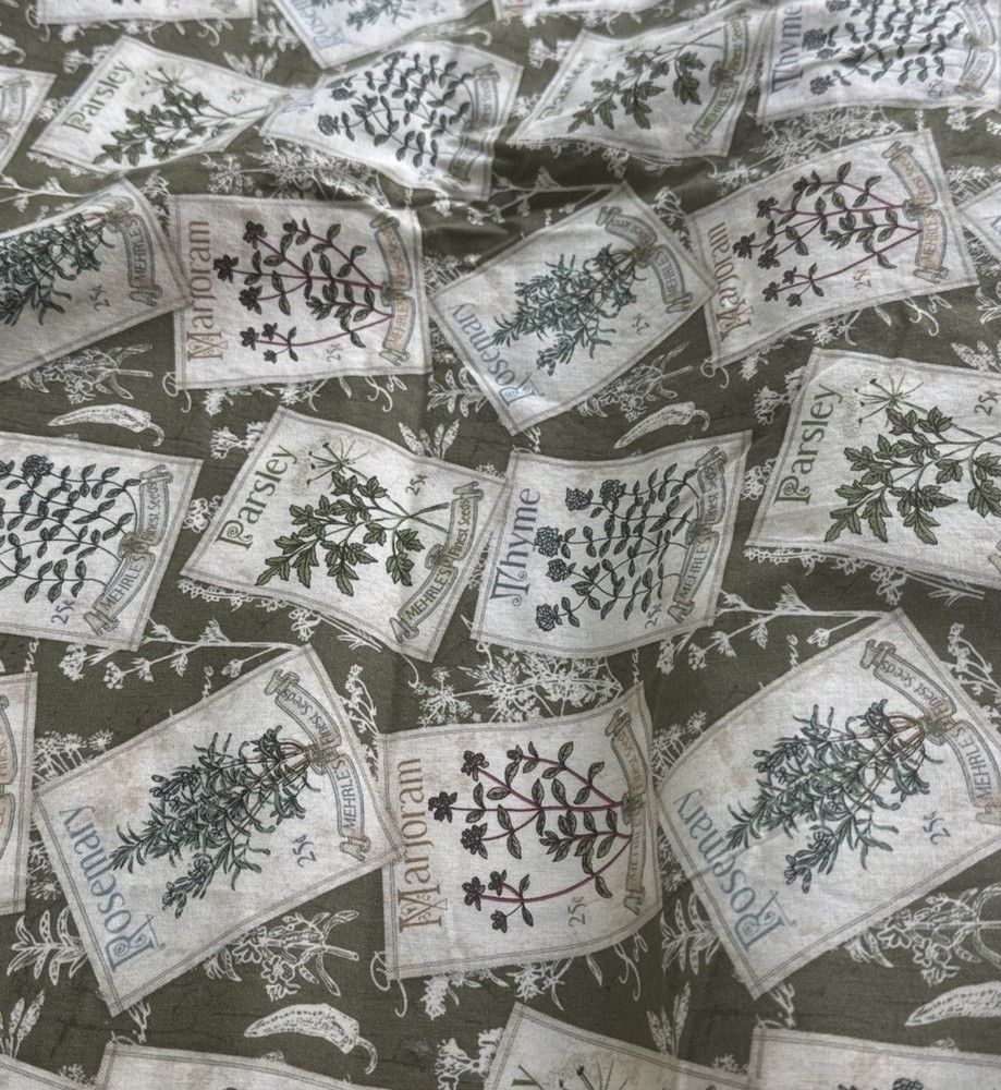 Herb Garden Kate Ward Thacker Seed Packets Sage Green Cotton Fabric BTHY #59
