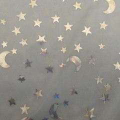 Silver stars and moon on Light Blue stretch Silky Spandex 1yd 12″ x 48
