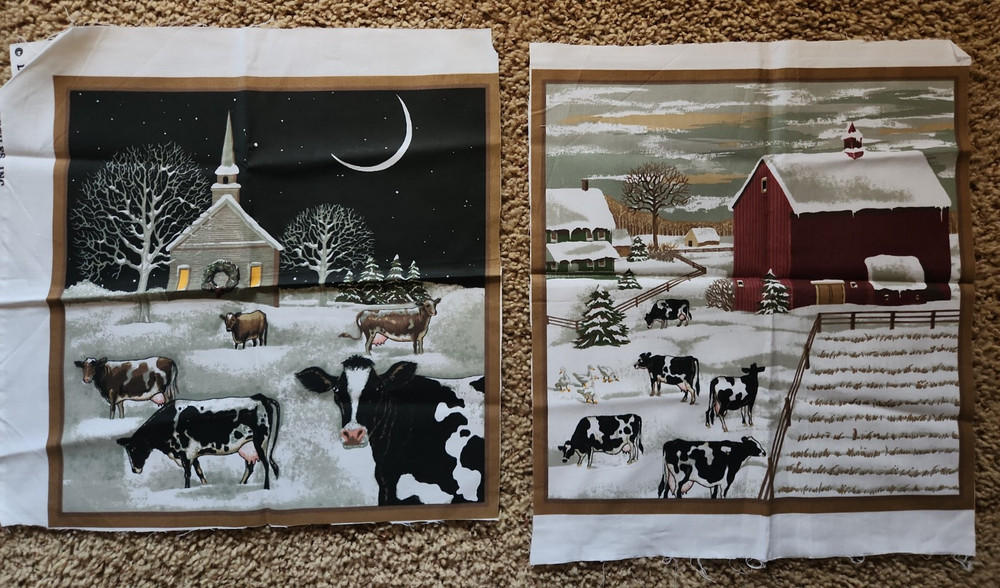 Vintage Fabric Lincoln Textiles Pillow Panels Farm Barn Cows Church Country
