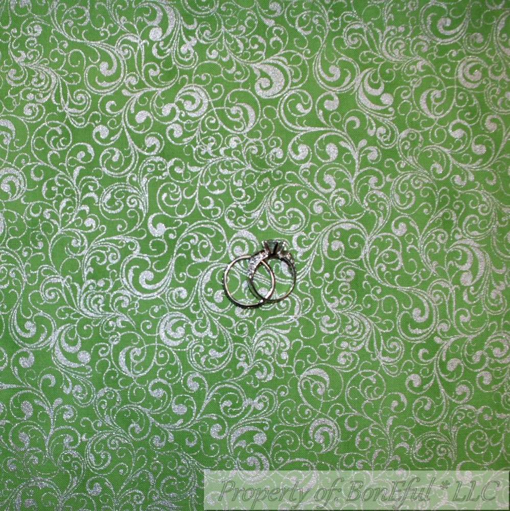 BonEful Fabric FQ Cotton Quilt Green Silver Metallic Scroll Swirl Dot Small Tiny