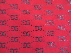Red Polyester One Way Stretch Fabric GG Black Puff Paint 3D Design 68 Inches
