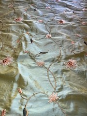 SAMPLE FAUX SILK FLOWERS EMBROIDERED~DRAPERY UPHOLSTERY – Green / Blue