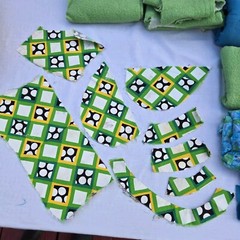Vintage Fabric Scrap LOT Lime Green Wool Blue Mid Century Mod Aunt Leo D5