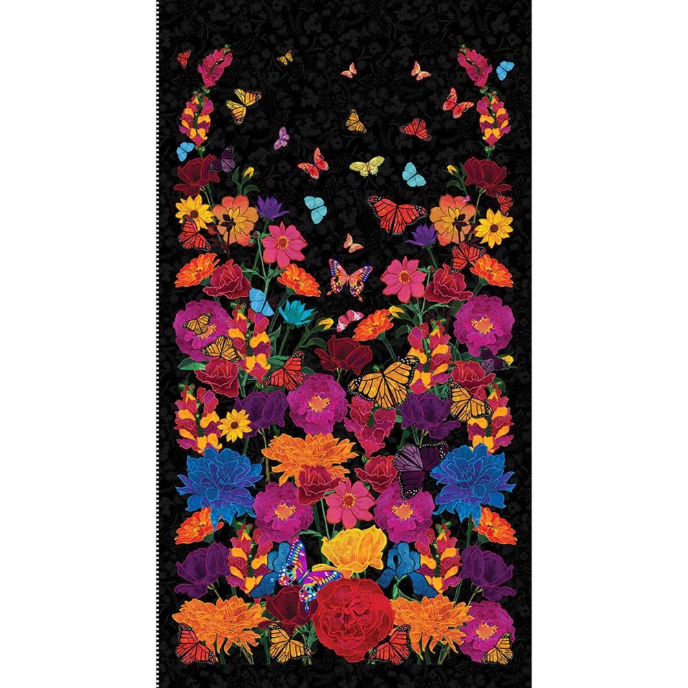 Garden Flowers Butterflies Fabric Mariposa Dance Black Cotton by Blank 24″ Panel