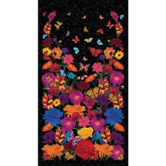 Garden Flowers Butterflies Fabric Mariposa Dance Black Cotton by Blank 24″ Panel