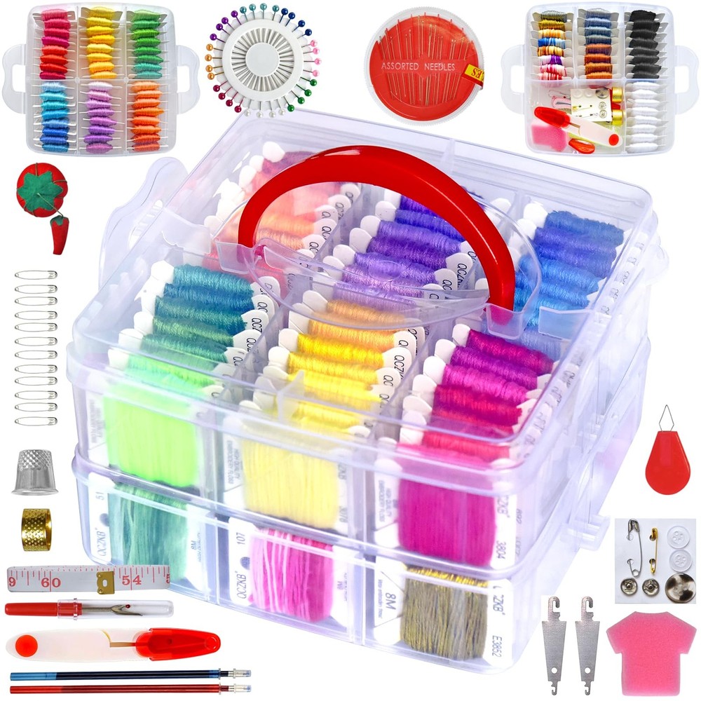 QCZKB 188 Embroidery Floss Set Including Cross Stitch 2-Tier box, box
