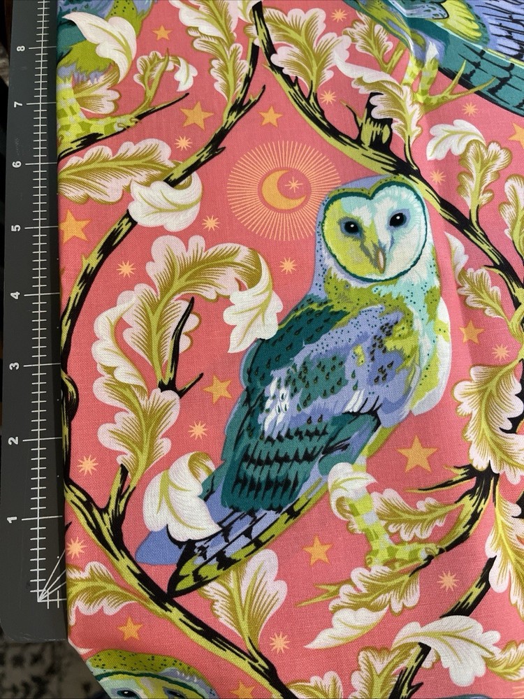 FQ Tula Pink MOON GARDEN Cotton Quilt Craft Fabric Coral NIGHT OWL Bird FLORAL