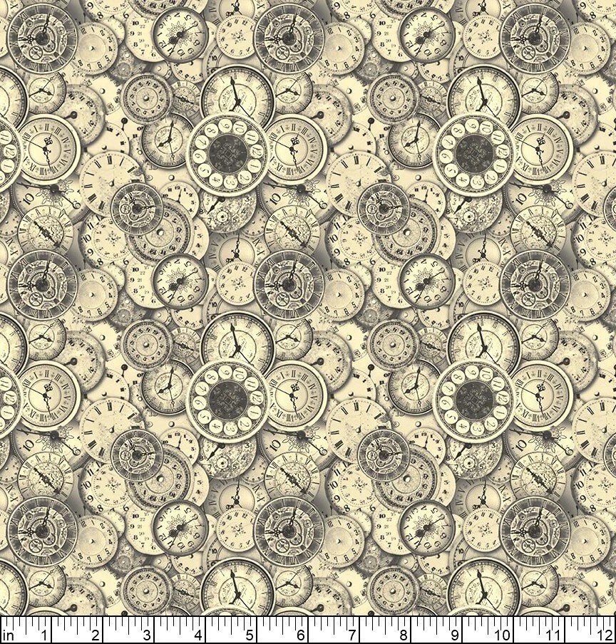 Blank Quilting Fabric by the 1/4 yard Cotton Time Travel Steampunk Clock Faces