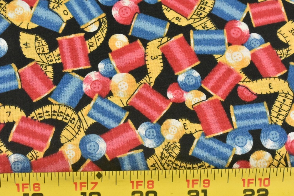 By 1/2 Yd, Vintage, Red Blue Gold Sewing Notions Cotton, Fabric Traditions,P5914