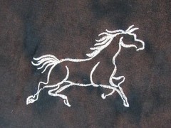 Black Velvet Fabric w/ Embroidered Horses 108″ long x 40″ Apparel Sewing Crafts