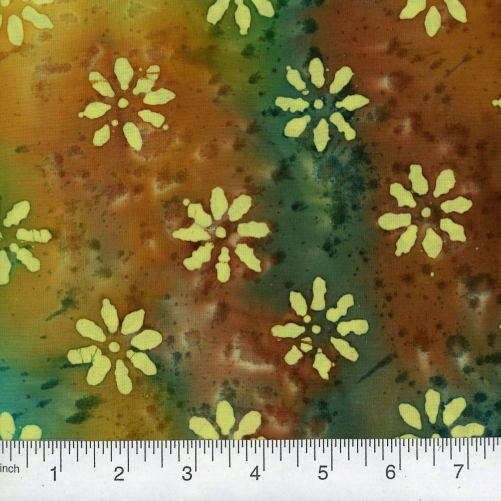 QUILTER’S BATIK 45-inch BTY 100% Cotton Flowers Gold Green Blue Purple qb #559
