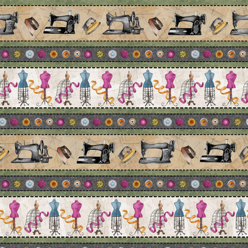 Sewing Theme Fabric Sew Machine Stripe Atelier Blank Quilting Cotton By The Yard