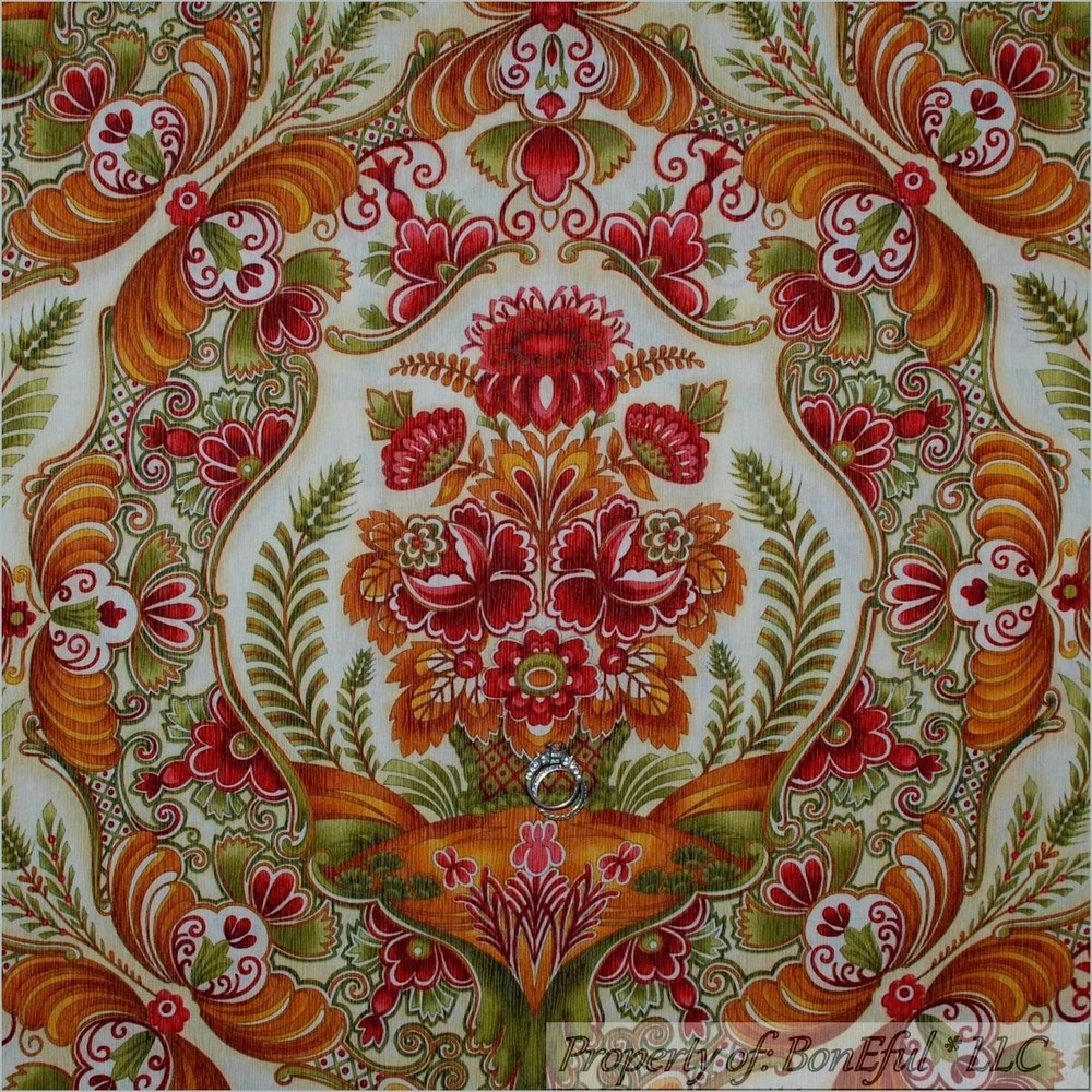 BonEful Fabric FQ Cotton Quilt VTG Cream Brown Orange Autumn Fall Damask Flower