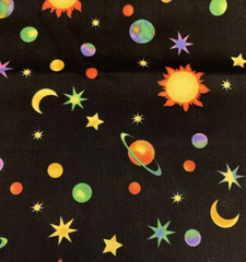 “Cosmos” Solar System Galaxy Fabric By R.E.D & Fabricland Vtg Black Yellow BTY