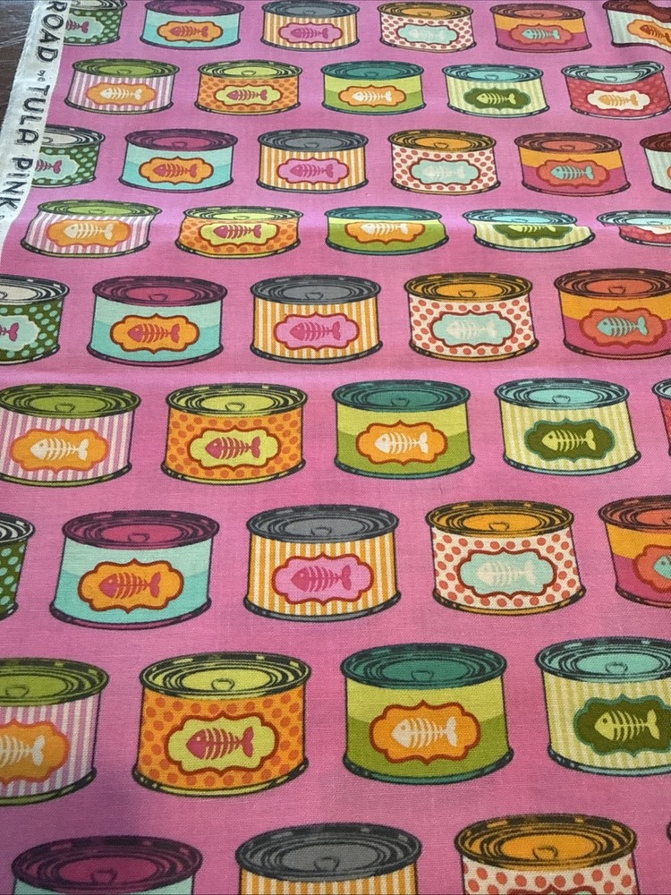 Tula Pink Cat Snacks Canned Food Electro Berry 1 yd Cotton Tabby Road Deja Vu