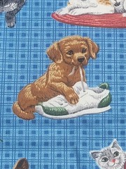 1 5/8 yds VTG Dogs Cats Kittens Puppies Blue Novelty Fabric Cotton Blend