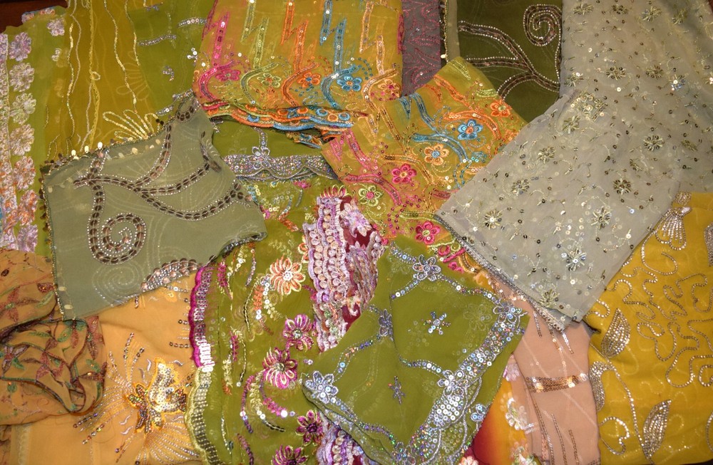 10 Pack 8″ x8″  Vintage Dupatta Beaded,Fabrics,Embroidered Beaded swatches Olive