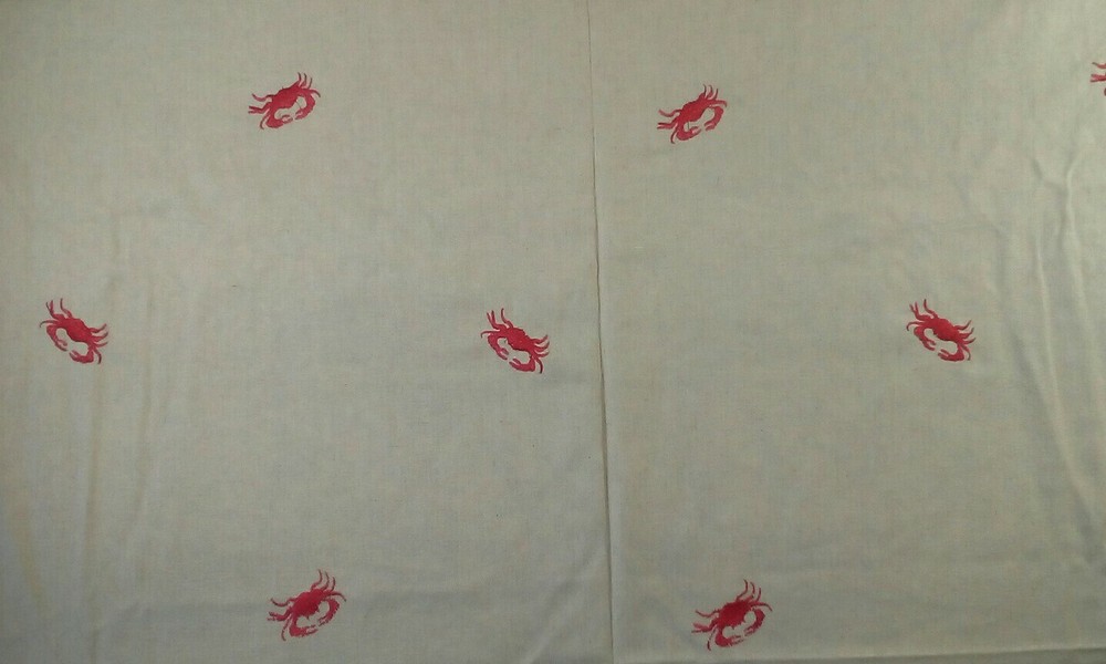 Red Crab Embroidered Linen Look Fabric 3-5/8+ yd (132″l) 54″w Natural Flax color