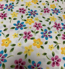 OOP Floral Fabric Pink Yellow Green Fuchsia Turquoise Blue On White Cotton 1+Yds