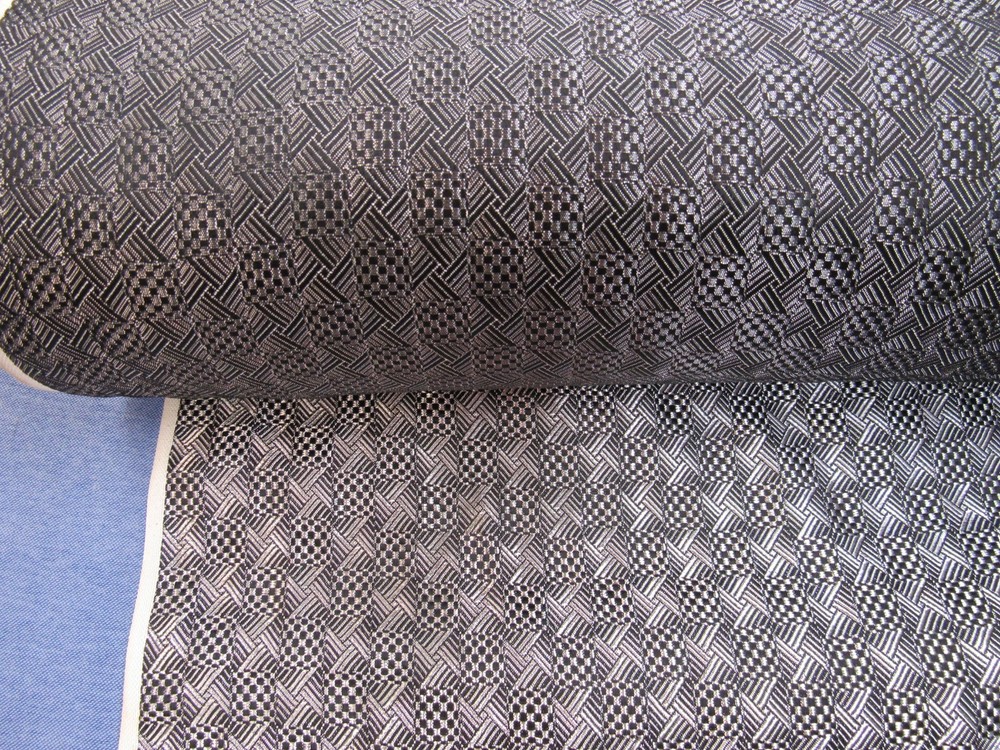 Vintage woven jacquard fabric in black and silver – 50″ wide geometric pinwheel