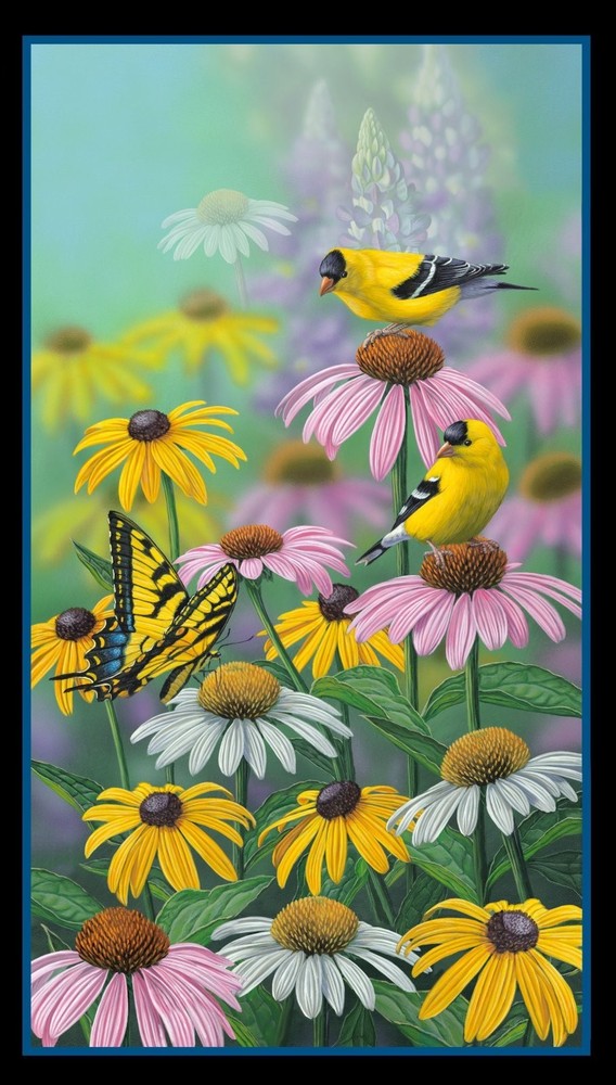 Curious Visitor Yellow Finches and Butterflies Floral Quilt Cotton Fabric Panel