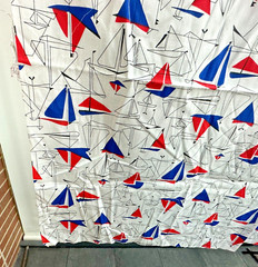 Vintage Sailboat Fabric MCM Mid Century Material 36 x 44 Red White Blue Line Art