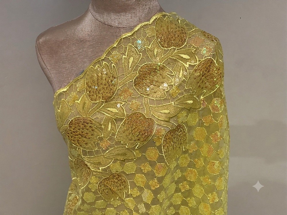 2 Yard Yellow Iridescent Sequins Embroidered Lace Fabric 50” Width