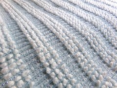 mermaid mist blue vtg chenille bedspread fabric silver lurex pearl pops 18×24″