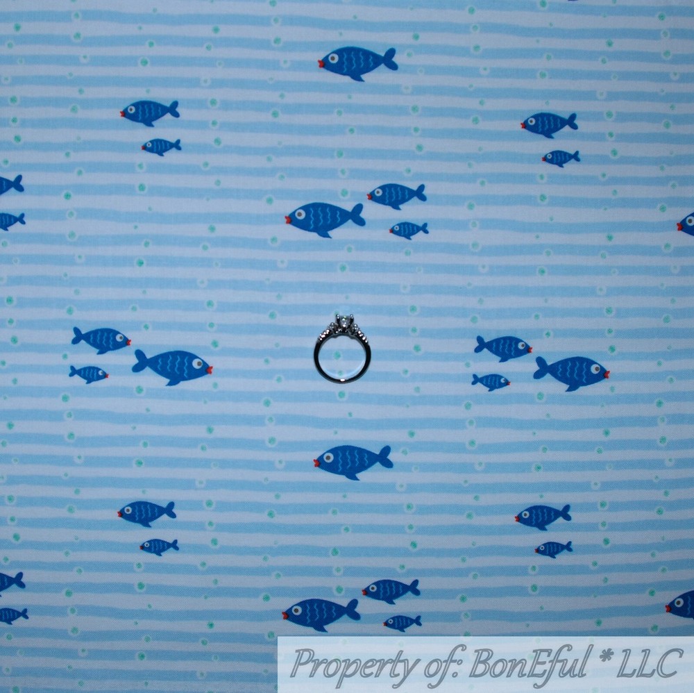 BonEful FABRIC FQ Cotton Quilt Blue White Stripe Sea FISH Boy Ocean Bubble Print