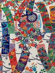 Vintage Japanese kimono silk fabric / white base, floral Tanzaku AB30