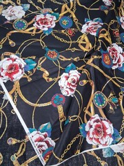 VINTAGE Black Gold Chain Baroque Floral Cranston Cotton Fabric 5 YDS 44″ Wide