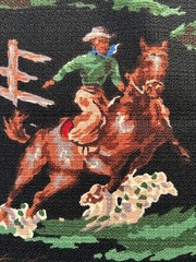 Fabric – Rare Vintage “ROUNDUP” Cowboy By MODA BARKCLOTH Black BTY 36” L x 54″ W