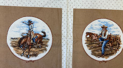COWBOYS IN THE WILD WEST 4 BLOCK PANEL ON BROWN BY VIP CRANSTON, 35″x44″ (BROWN
