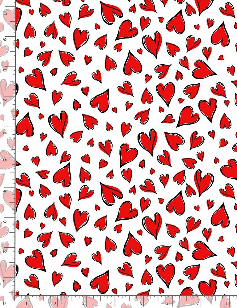 Valentine’s Day Fabric | Bonjour Red Heart Toss White | Timeless Treasures YARD