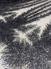 Black Celestial Fern Beaded Lace Fabric – Crystal Embroidered Tulle Prom Fabric