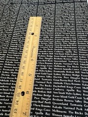 RARE Cotton Fabric AUSTRALIA Names of Places White on Black 1 Cut Yard 44″ Wide