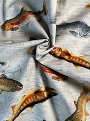 Fabric OOP Fish on Newspaper Exclusively JoAnn Cabin Fishing Cotton 36 L x 44″ W