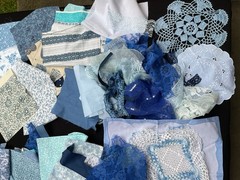 Fabric Scrap Bundle Blue Junk Journal Slow Stitch Lace Embroidery Sewing Vintage